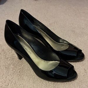 ANTONIO MELANI Glossy Black Peep-Toe Heels